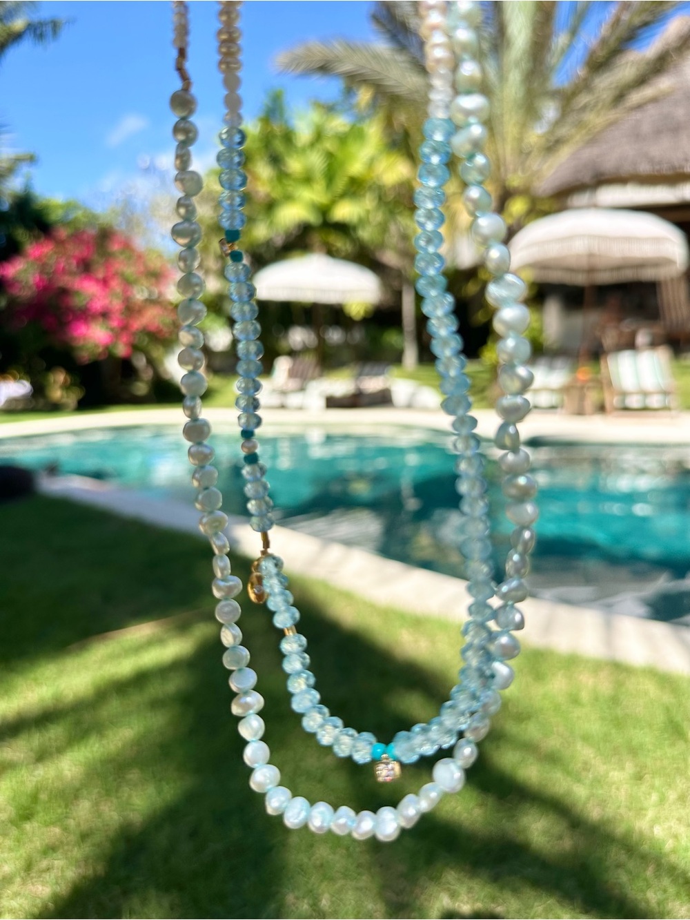 Gold and Pale Blue Freshwater Pearl Necklace handmade in Bali! Moon blessed!